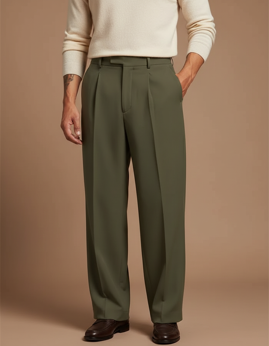 Pantalon À Pince Kaki Plissé Ample Élégant Homme - Polyester