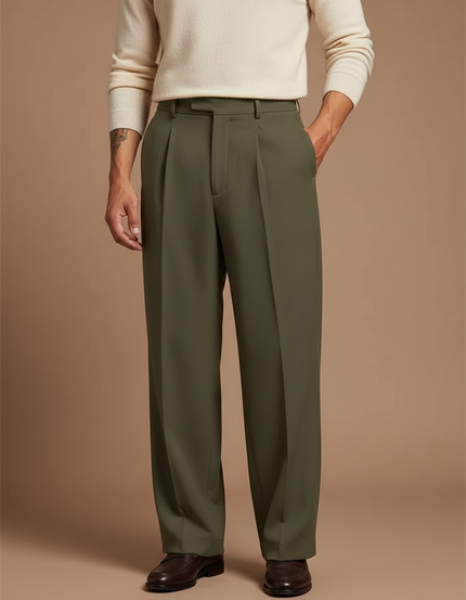 Pantalon À Pince Kaki Plissé Ample Élégant Homme - Polyester