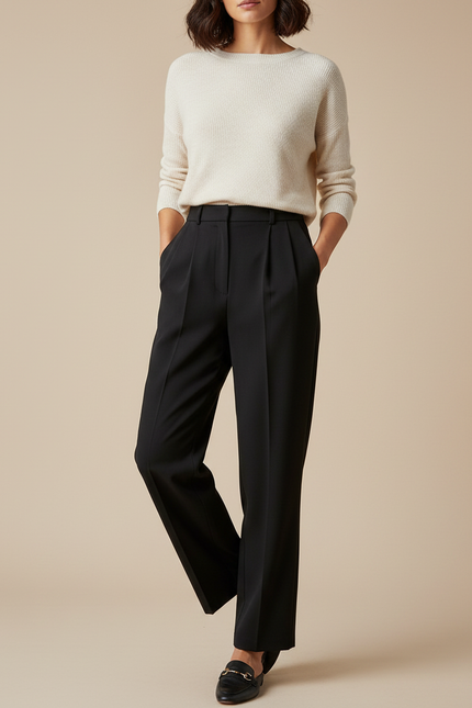 Pantalon À Pince Noir Ample Décontracté Élégant Femme - Gabardine