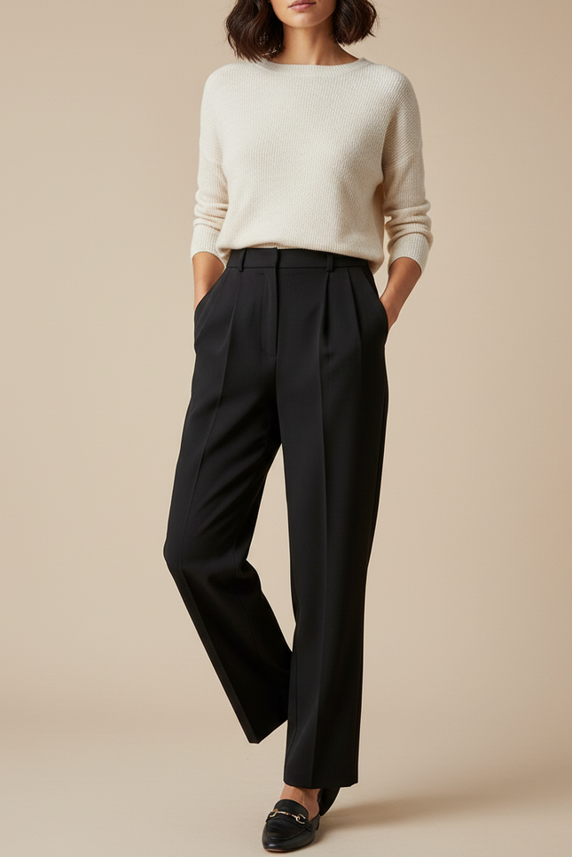 Pantalon À Pince Noir Ample Décontracté Élégant Femme - Gabardine