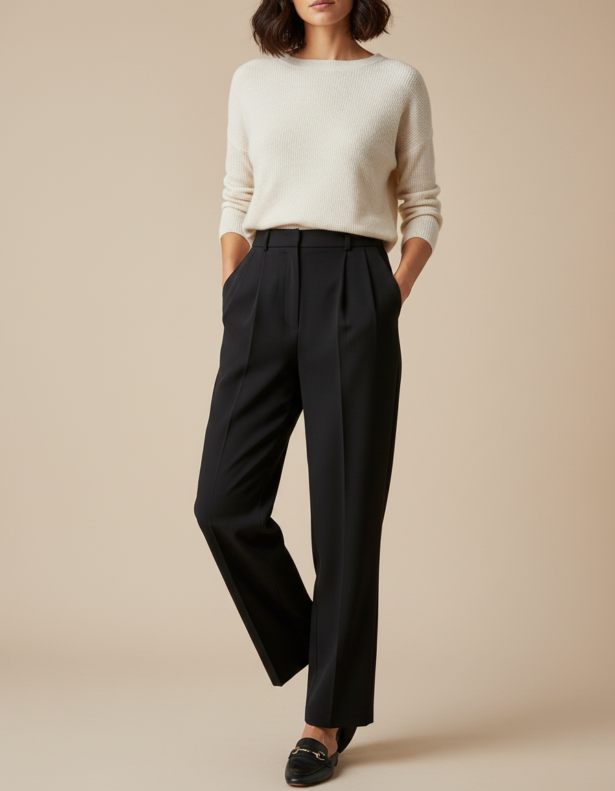 Pantalon À Pince Noir Ample Décontracté Élégant Femme - Gabardine