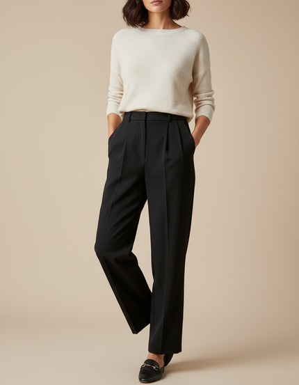Pantalon À Pince Noir Ample Décontracté Élégant Femme - Gabardine