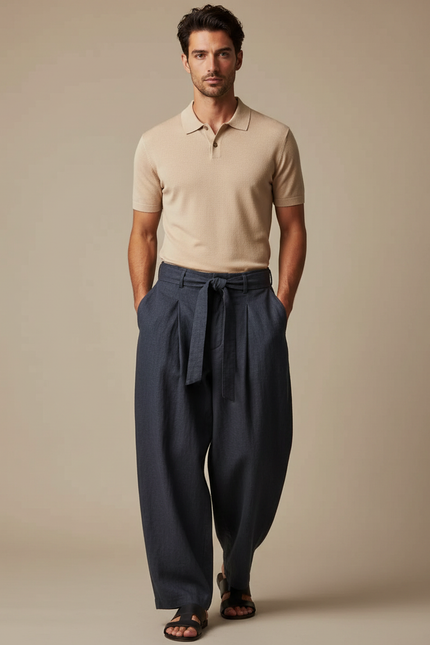 Pantalon À Pince Bleu Marine Ample Ceinture Décontracté - Lin