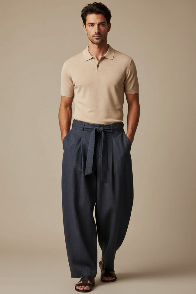 Pantalon À Pince Bleu Marine Ample Ceinture Décontracté - Lin