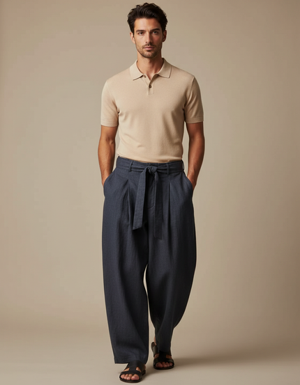 Pantalon À Pince Bleu Marine Ample Ceinture Décontracté - Lin
