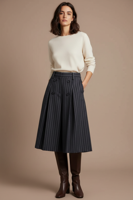 Pantalon À Pince Gris Rayé Plissé Laine Élégant