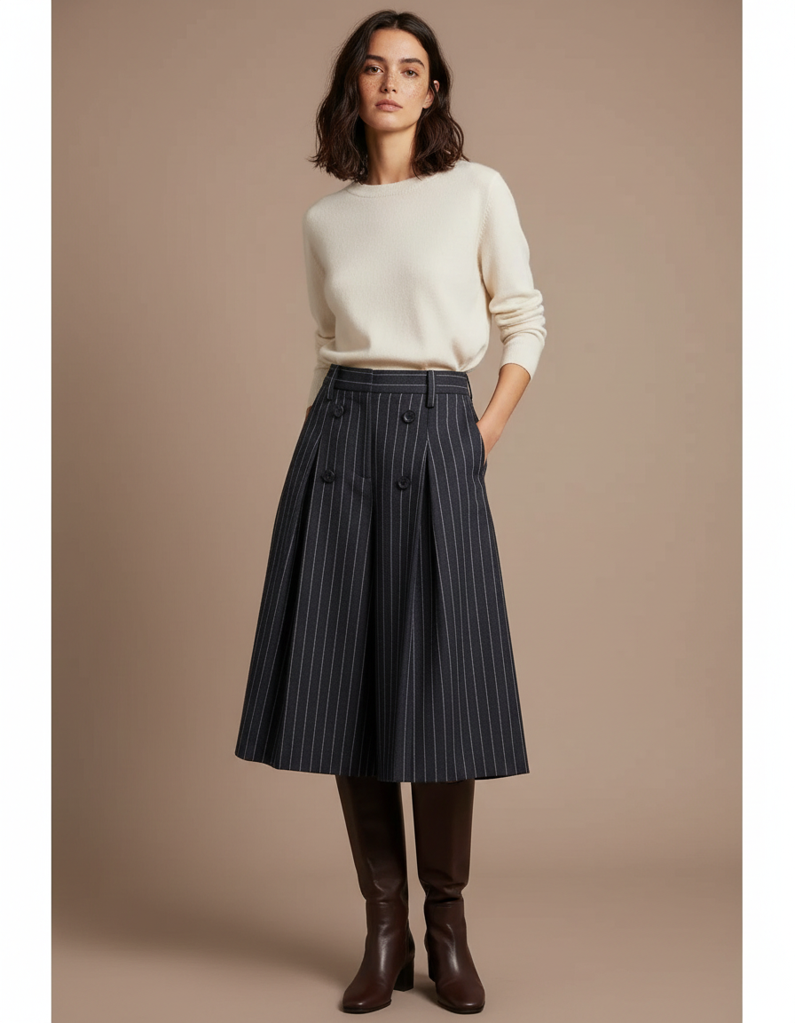 Pantalon À Pince Gris Rayé Plissé Laine Élégant