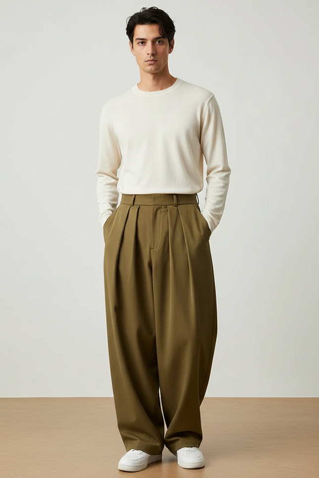 Pantalon À Pince Kaki Plissé Ample Droit Élégant - Gabardine