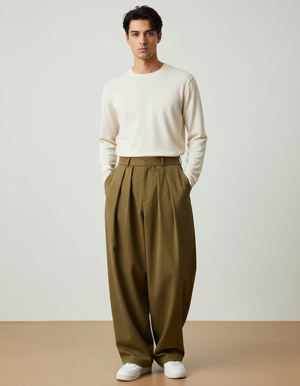Pantalon À Pince Kaki Plissé Ample Droit Élégant - Gabardine