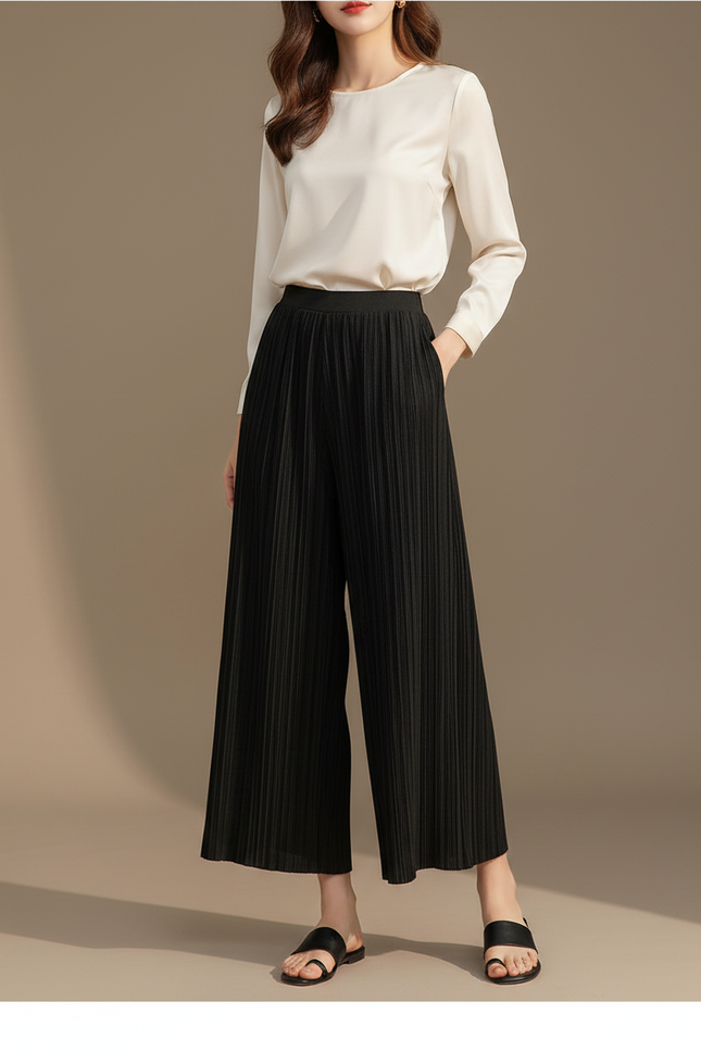 Pantalon À Pince Noir Plissé Ample Fluide Décontracté - Polyester