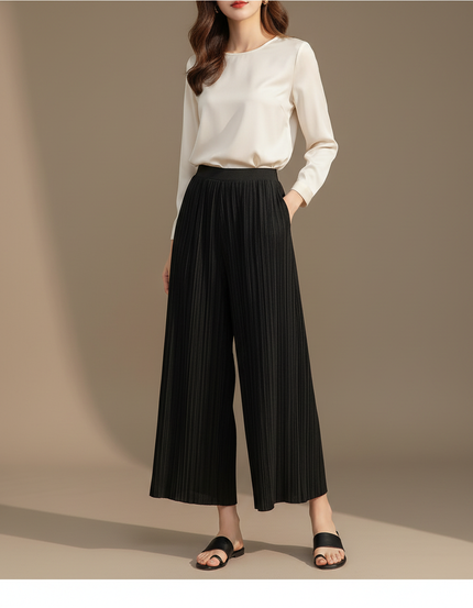 Pantalon À Pince Noir Plissé Ample Fluide Décontracté - Polyester