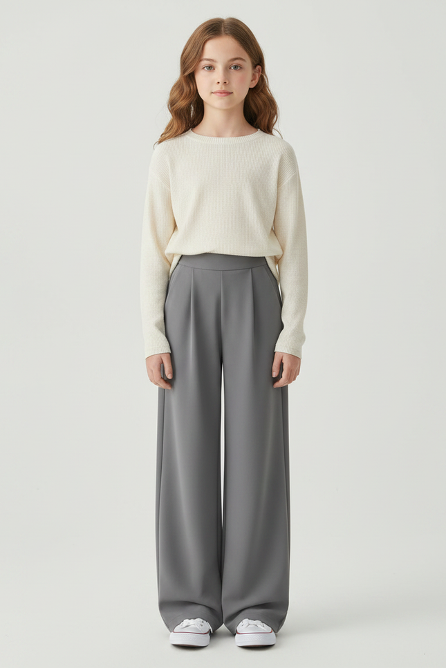 Pantalon À Pince Gris Ample Droit Fluide Fille - Polyester