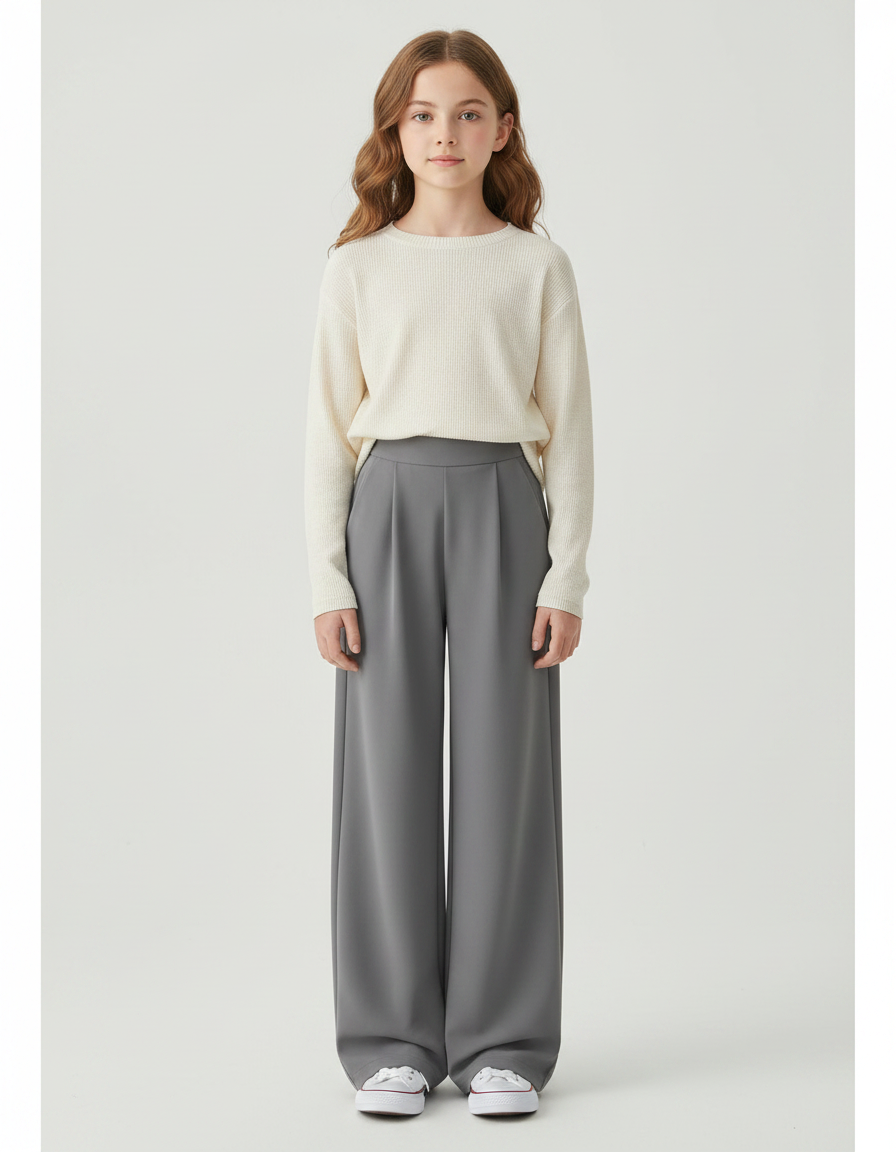 Pantalon À Pince Gris Ample Droit Fluide Fille - Polyester