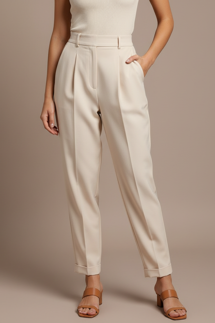 Pantalon À Pince Crème Plissé Droit Tendance Décontracté - Beige Polyester