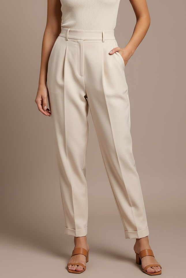 Pantalon À Pince Crème Plissé Droit Tendance Décontracté - Beige Polyester