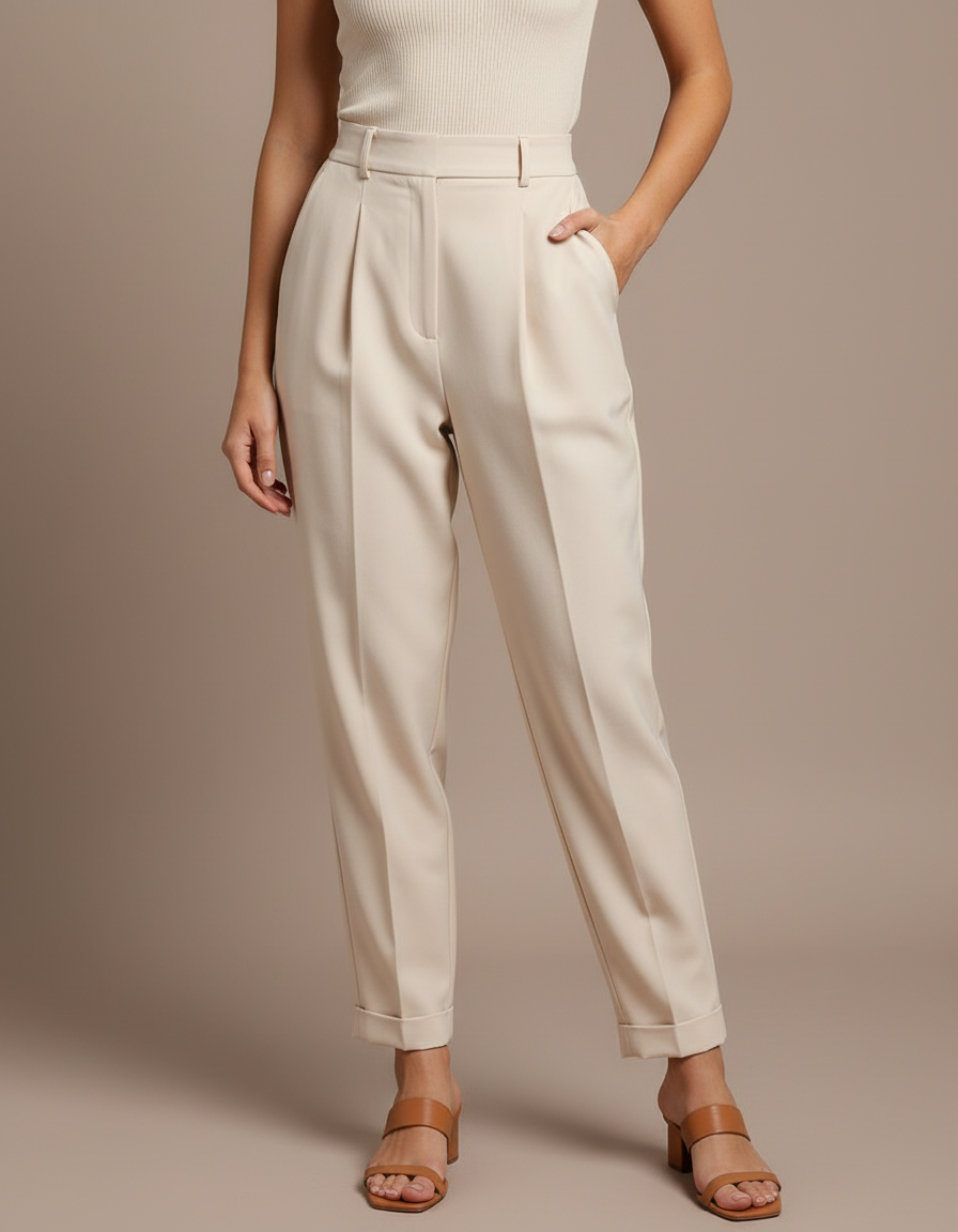 Pantalon À Pince Crème Plissé Droit Tendance Décontracté - Beige Polyester