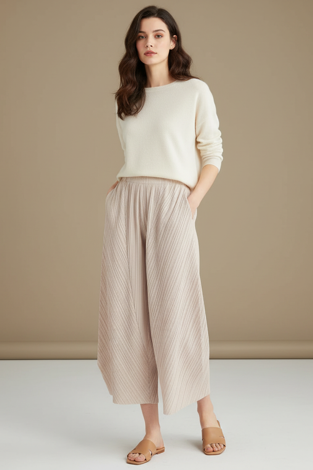 Pantalon À Pince Plissé Beige Ample Fluide Femme - Maille
