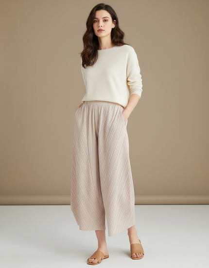 Pantalon À Pince Plissé Beige Ample Fluide Femme - Maille