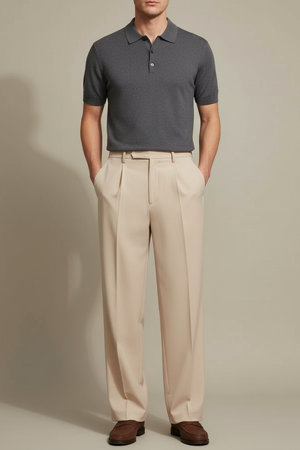 Pantalon À Pince Beige Plissé Droit Élégant Homme - Gabardine