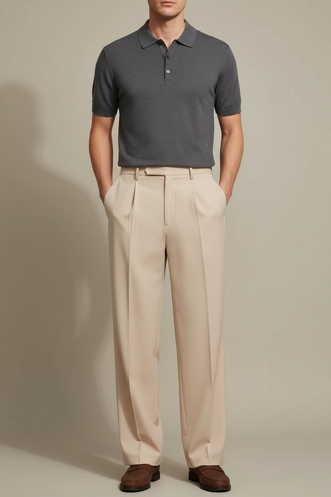Pantalon À Pince Beige Plissé Droit Élégant Homme - Gabardine