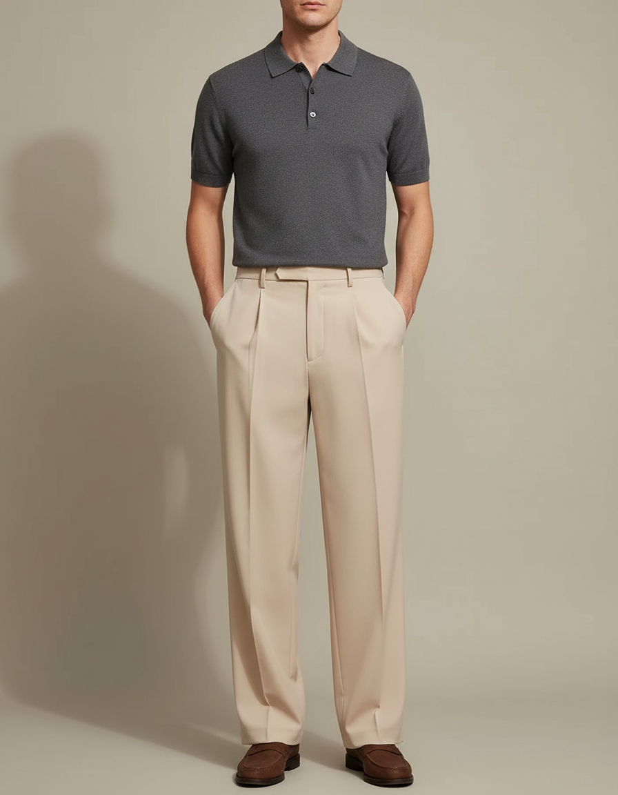 Pantalon À Pince Beige Plissé Droit Élégant Homme - Gabardine