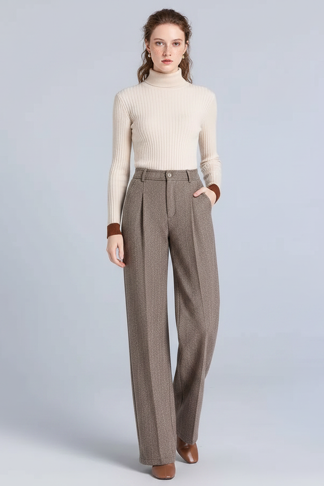 Pantalon À Pince Tweed Marron Ample Taille Haute