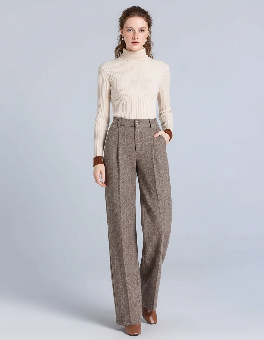 Pantalon À Pince Tweed Marron Ample Taille Haute