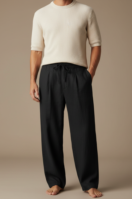 Pantalon À Pince Noir Lin Ample Décontracté Homme