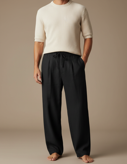 Pantalon À Pince Noir Lin Ample Décontracté Homme