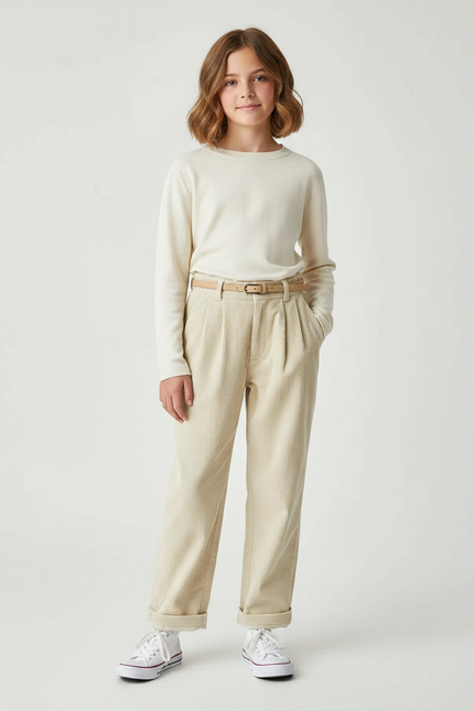 Pantalon À Pince Côtelé Beige Ample Décontracté Enfant - Cordé