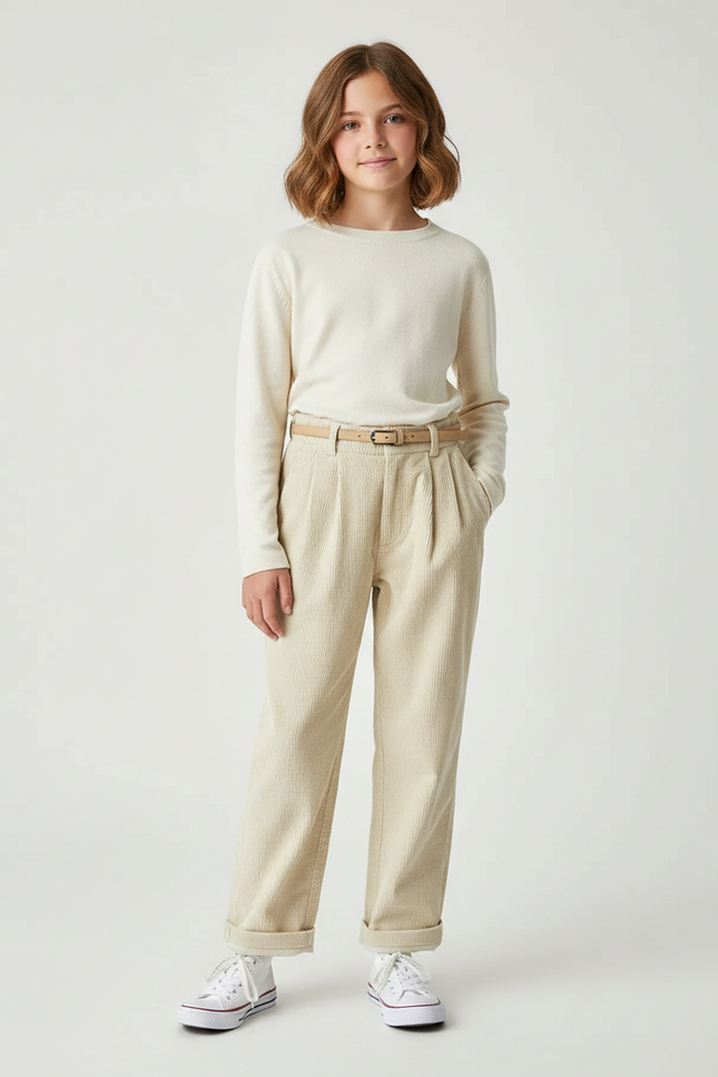 Pantalon À Pince Côtelé Beige Ample Décontracté Enfant - Cordé