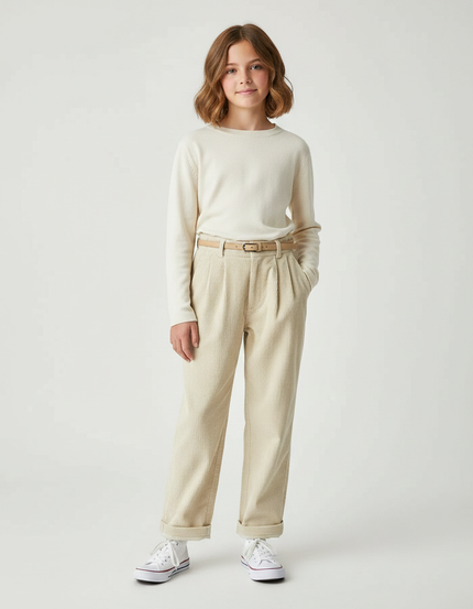 Pantalon À Pince Côtelé Beige Ample Décontracté Enfant - Cordé