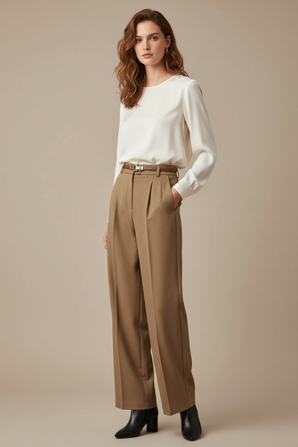 Pantalon À Pince Marron Taille Haute Ample Droit Élégant - Gabardine