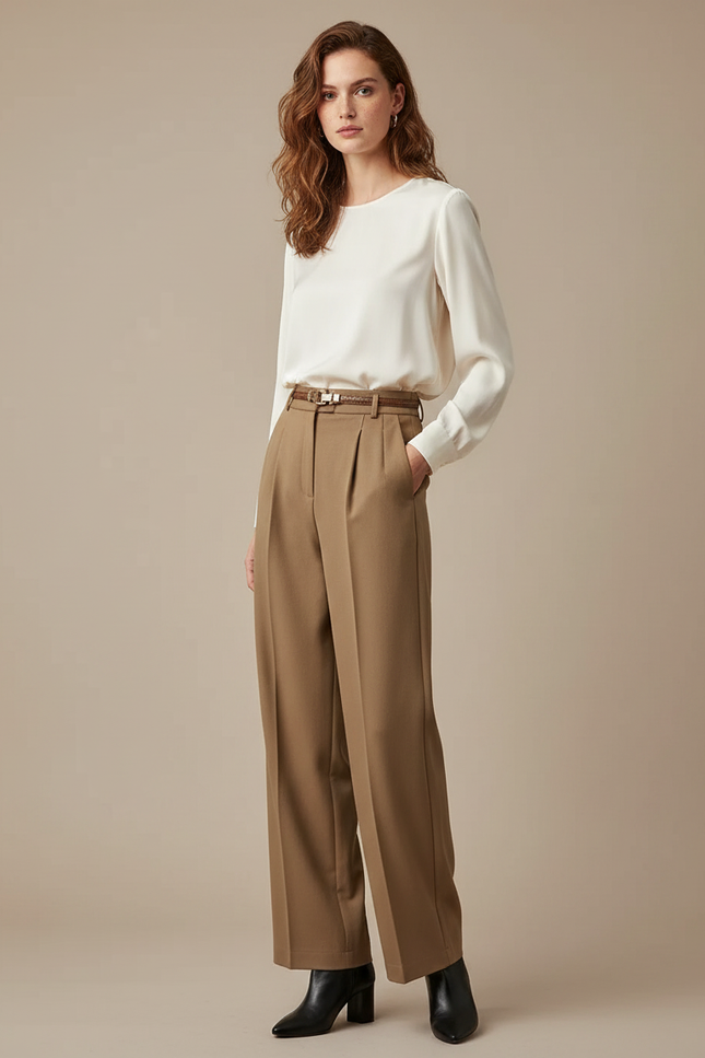Pantalon À Pince Marron Taille Haute Ample Droit Élégant - Gabardine