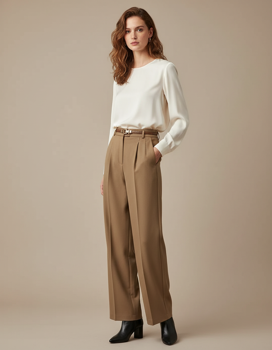 Pantalon À Pince Marron Taille Haute Ample Droit Élégant - Gabardine