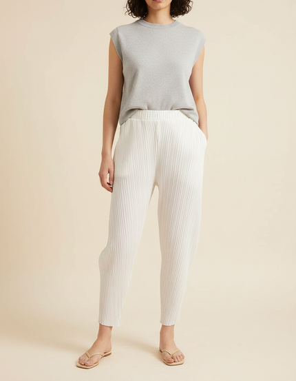 Pantalon À Pince Blanc Plissé Ample Décontracté Fluide - Polyester