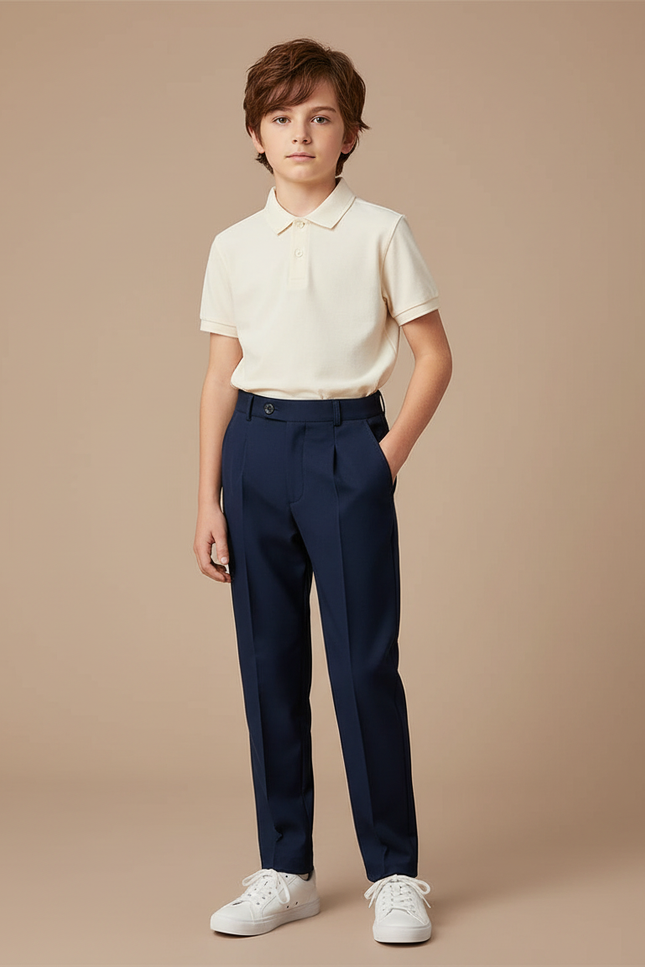 Pantalon À Pince Bleu Marine Droit Élégant Garçon - Gabardine