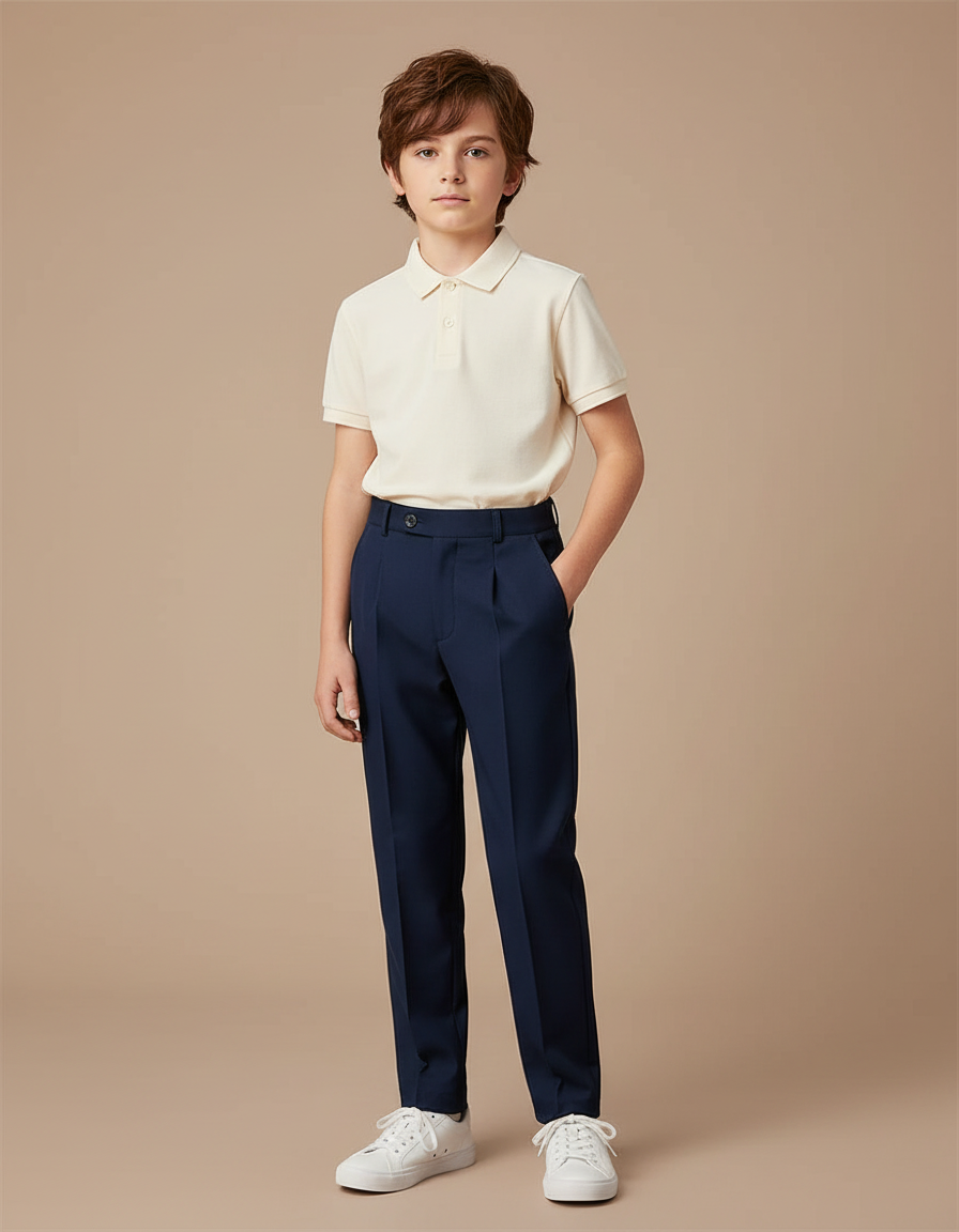 Pantalon À Pince Bleu Marine Droit Élégant Garçon - Gabardine