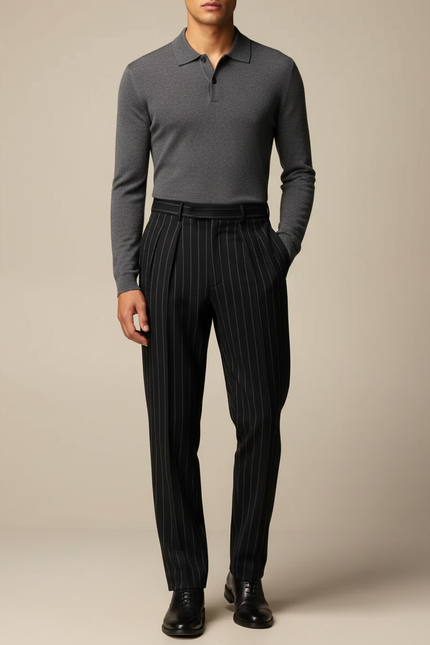 Pantalon À Pince Noir Rayé Plissé Ample Élégant Homme - Laine