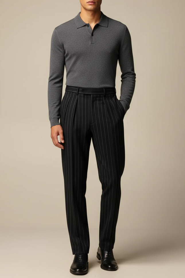 Pantalon À Pince Noir Rayé Plissé Ample Élégant Homme - Laine