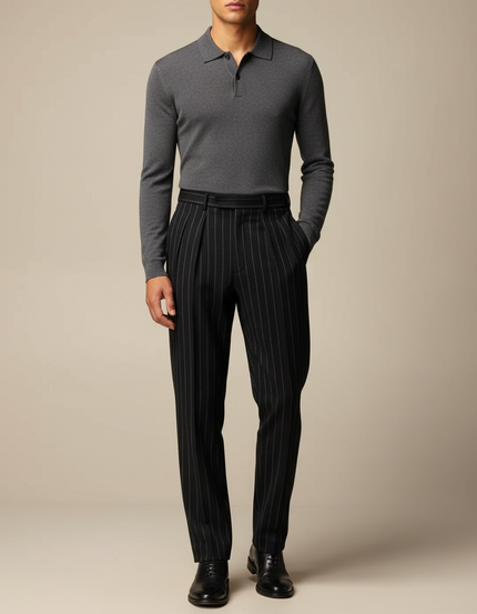 Pantalon À Pince Noir Rayé Plissé Ample Élégant Homme - Laine