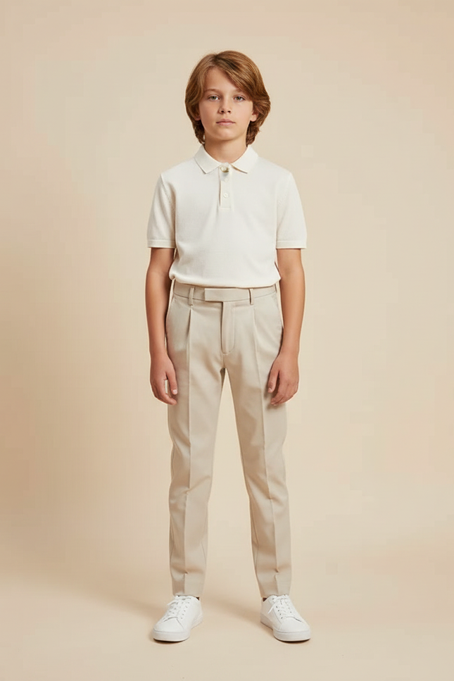 Pantalon À Pince Beige Plissé Décontracté Enfant - Gabardine
