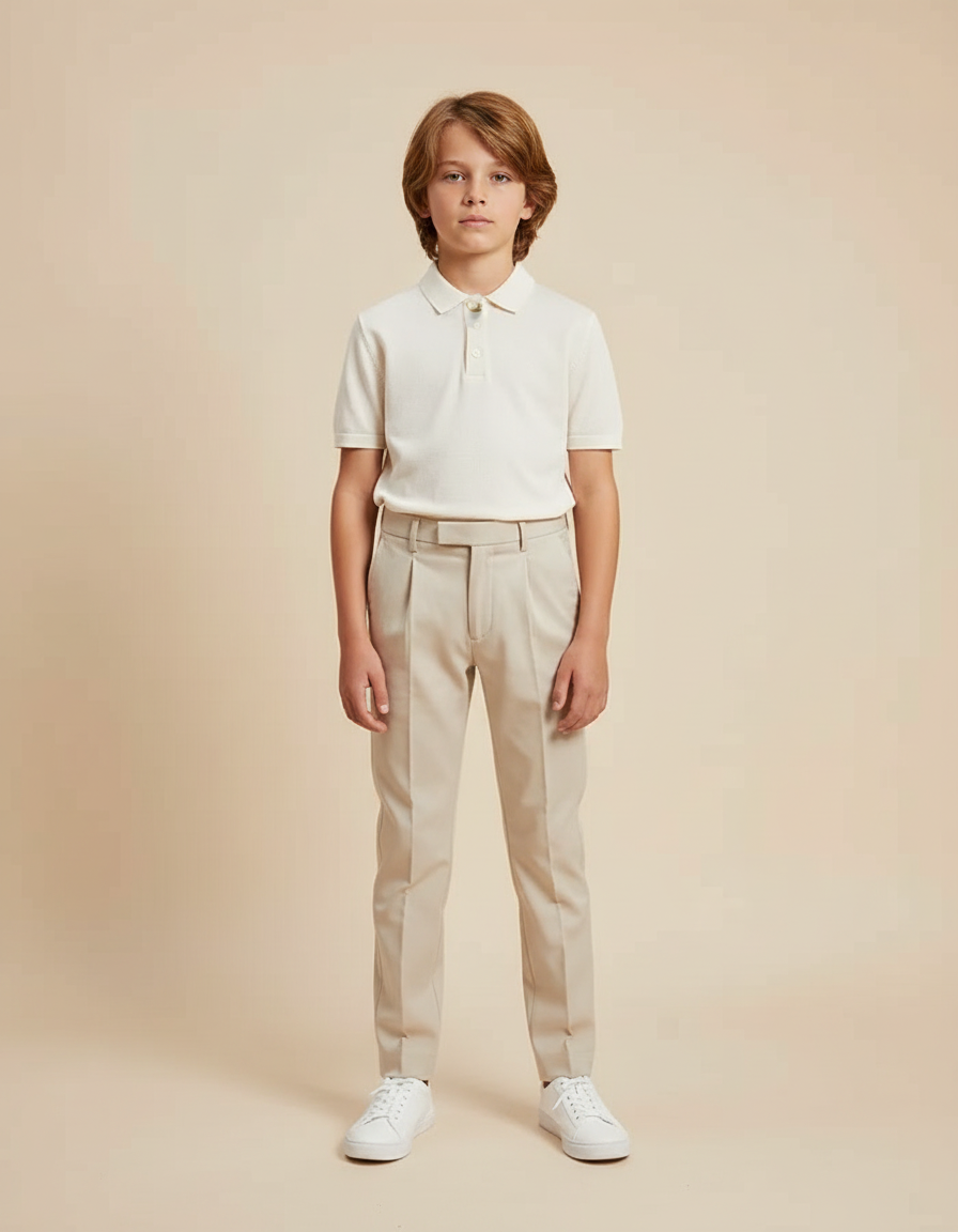Pantalon À Pince Beige Plissé Décontracté Enfant - Gabardine
