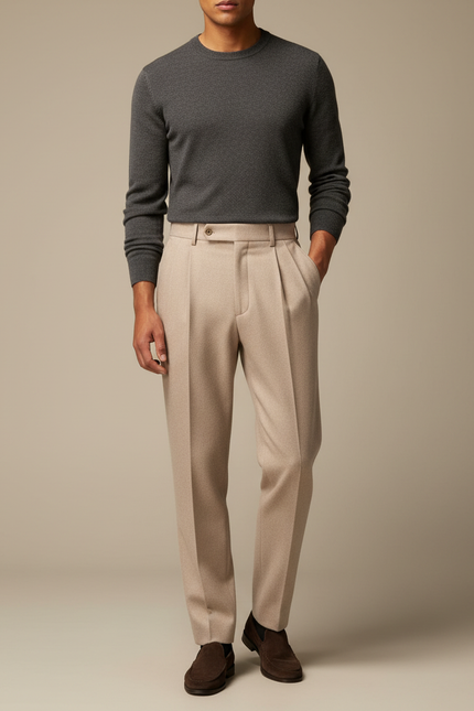 Pantalon À Pince Beige Plissé Laine Homme Élégant