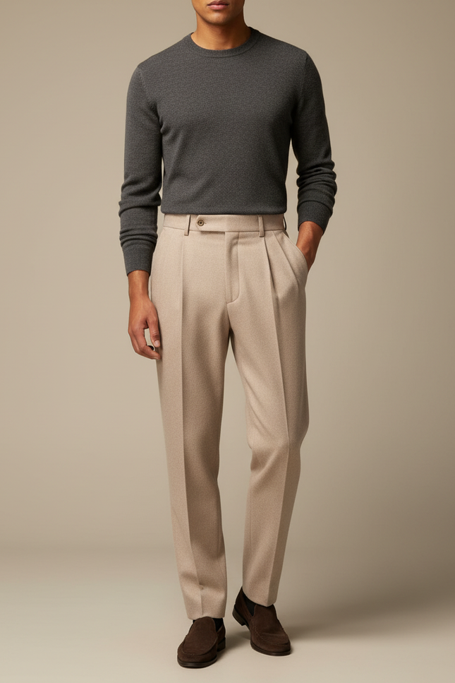 Pantalon À Pince Beige Plissé Laine Homme Élégant