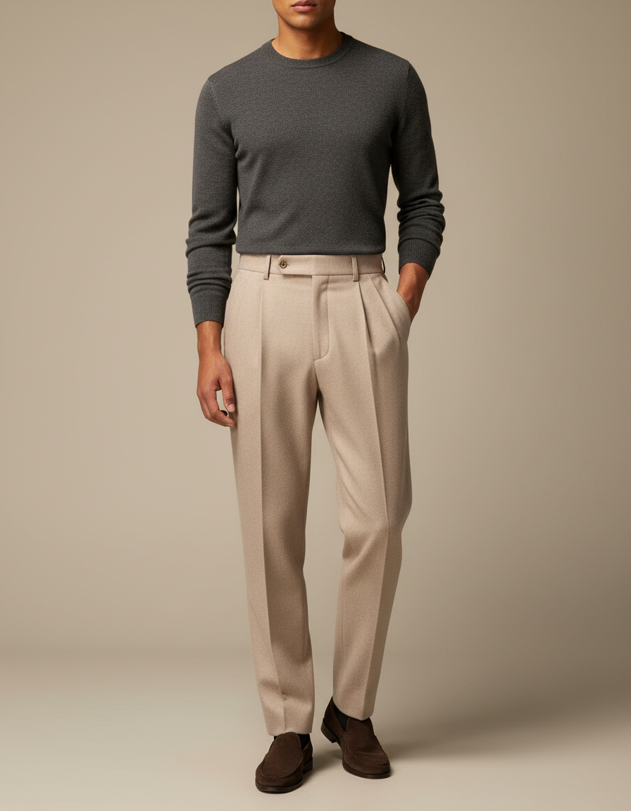 Pantalon À Pince Beige Plissé Laine Homme Élégant