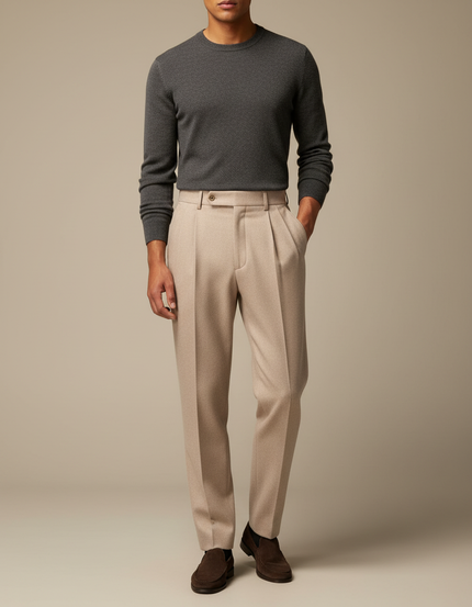 Pantalon À Pince Beige Plissé Laine Homme Élégant