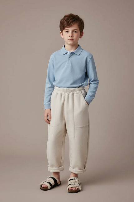 Pantalon À Pince Écru Molletonné Ample Décontracté Enfant - Beige
