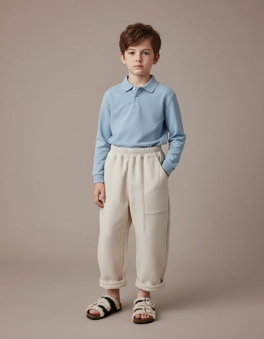 Pantalon À Pince Écru Molletonné Ample Décontracté Enfant - Beige