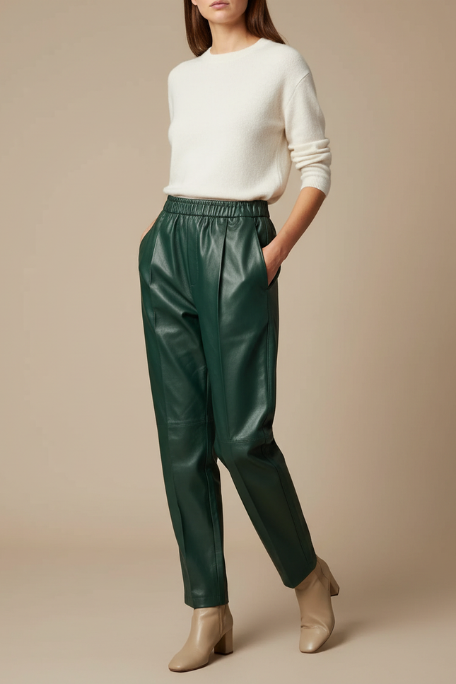 Pantalon À Pince Vert Émeraude Similicuir Taille Élastique - Simili cuir